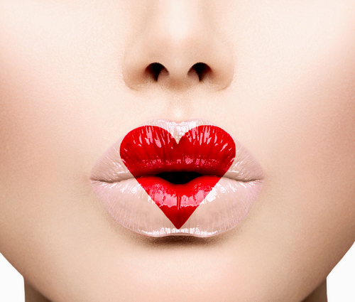 women with red-heart shaped lipstick