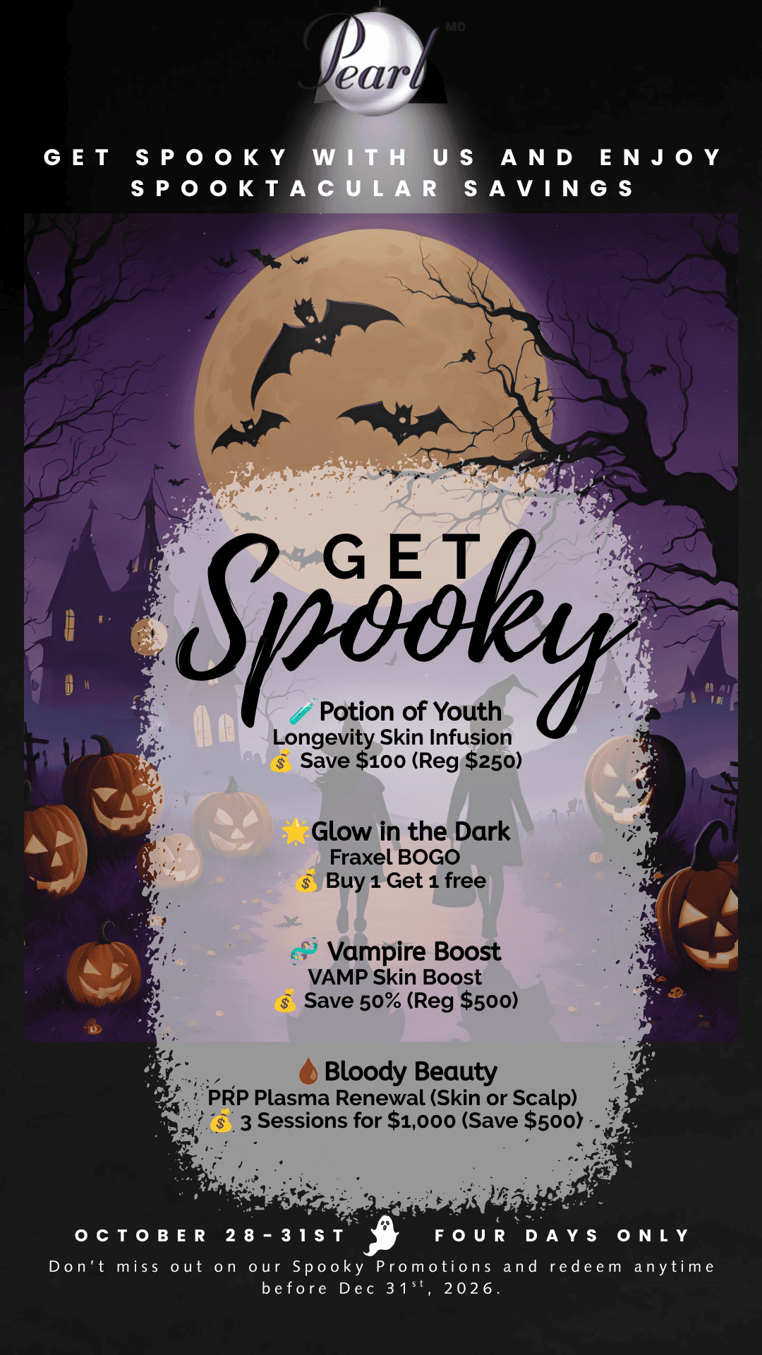 Get Spooky offers: Potion of Youth, Glow in the Dark, Vampire Boost, and Bloody Beauty